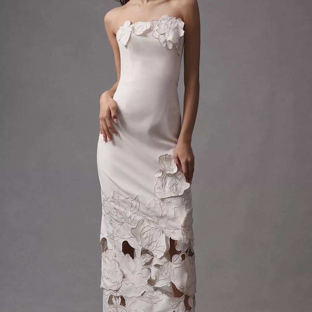 Leo Lin Floral Appliqué Bustier Maxi Dress